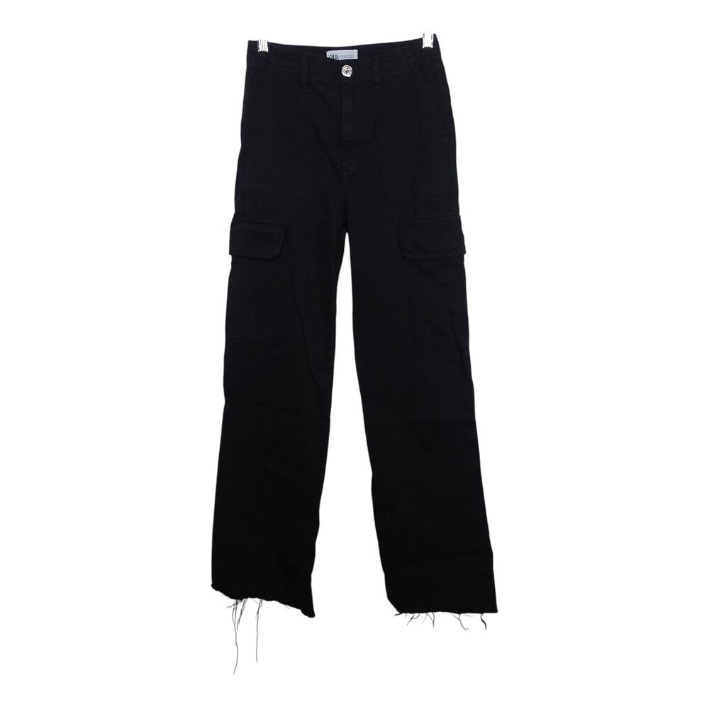 Zara Black Cargo Rigid Denim Jeans Utility Womens Size 0 Frayed Raw Hem Cotton